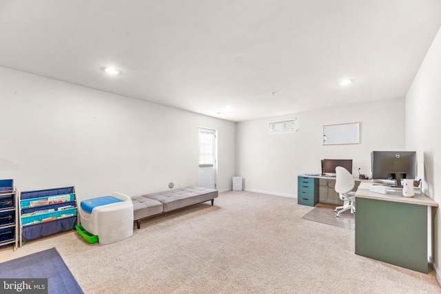 carpeted office with recessed lighting, visible vents, and baseboards