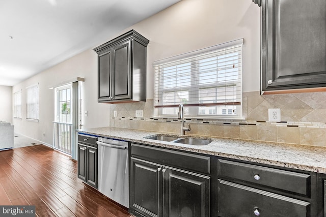 kitchen with dark cabinetry, stainless steel dishwasher, dark wood-style floors, and a sink