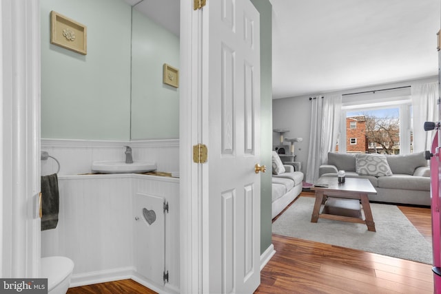 bathroom with wood finished floors, toilet, and a sink