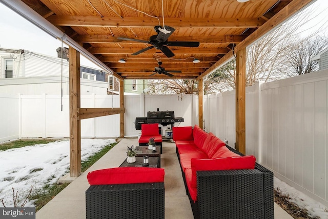 2625 Pratt St, Philadelphia, PA 19137 - view of patio with outdoor lounge area, a fenced backyard, and a ceiling fan