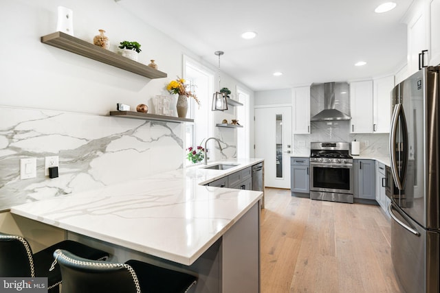 2625 Pratt St, Philadelphia, PA 19137 - kitchen featuring wall chimney range hood, a peninsula, open shelves, stainless steel appliances, and a sink