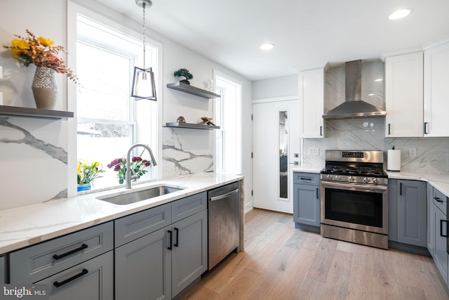2625 Pratt St, Philadelphia, PA 19137 - kitchen with wall chimney range hood, open shelves, gray cabinets, a sink, and stainless steel appliances