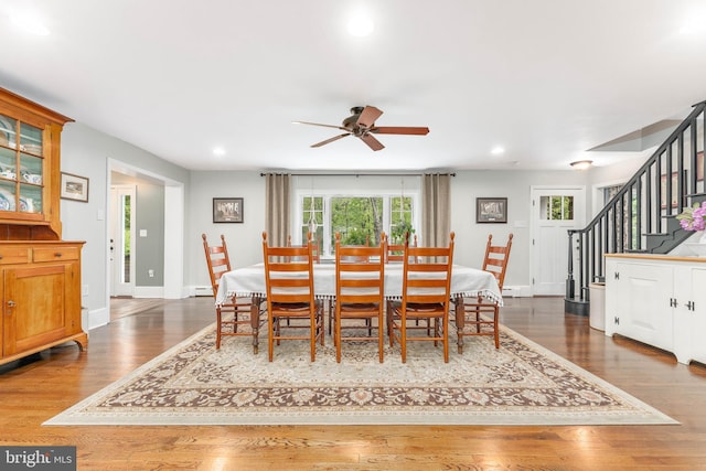 90 Indiantown Rd, Glenmoore, PA 19343 - dining space with a ceiling fan, stairs, recessed lighting, baseboards, and wood finished floors