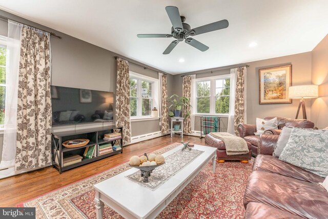 90 Indiantown Rd, Glenmoore, PA 19343 - living room featuring wood finished floors, ceiling fan, recessed lighting, baseboards, and baseboard heating