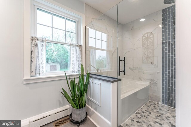 90 Indiantown Rd, Glenmoore, PA 19343 - full bath with a marble finish shower, baseboard heating, and a bathtub