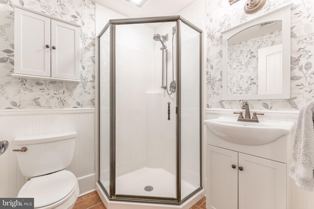 90 Indiantown Rd, Glenmoore, PA 19343 - full bathroom with wainscoting, wallpapered walls, a shower stall, vanity, and toilet