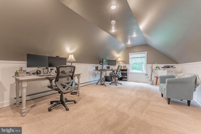 90 Indiantown Rd, Glenmoore, PA 19343 - carpeted office space with vaulted ceiling, baseboards, and a baseboard radiator