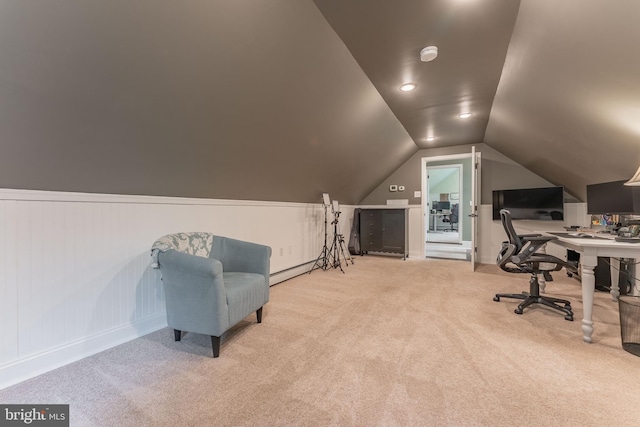 90 Indiantown Rd, Glenmoore, PA 19343 - home office featuring carpet flooring, lofted ceiling, baseboards, and a baseboard heating unit