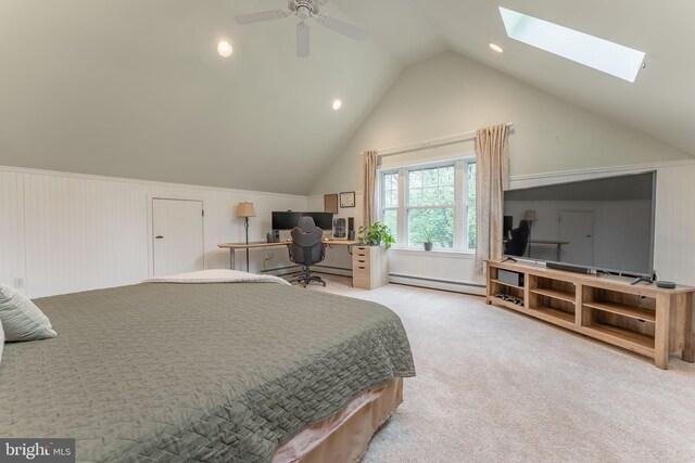 90 Indiantown Rd, Glenmoore, PA 19343 - bedroom with a baseboard radiator, light carpet, a skylight, high vaulted ceiling, and an office area