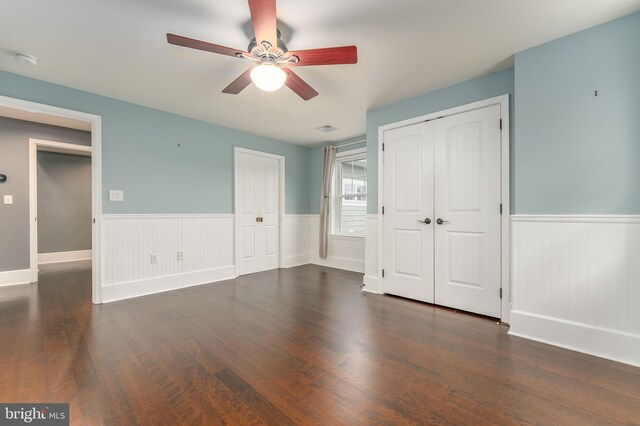 90 Indiantown Rd, Glenmoore, PA 19343 - unfurnished bedroom featuring wainscoting, dark wood finished floors, and ceiling fan