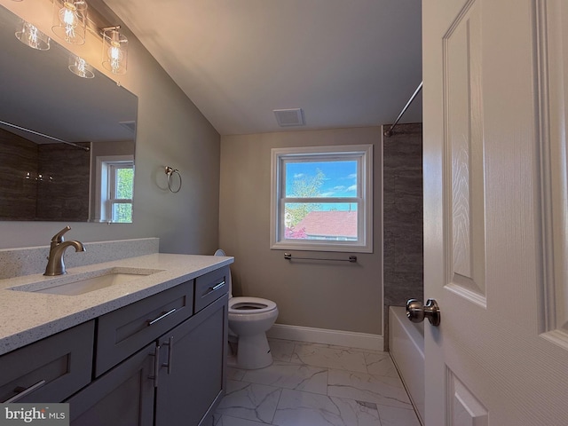 full bathroom with visible vents, vanity, marble finish floor, toilet, and shower / tub combination