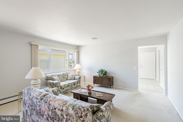 17 Hyannis St, Toms River, NJ 08757 - carpeted living area featuring a baseboard radiator, visible vents, and baseboards