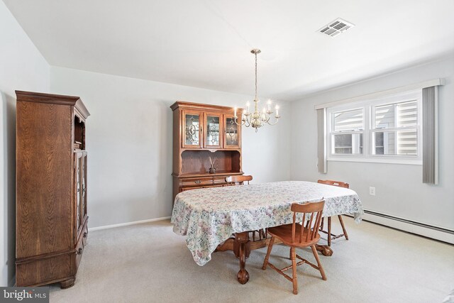 17 Hyannis St, Toms River, NJ 08757 - dining room featuring visible vents, light carpet, a baseboard heating unit, baseboards, and a notable chandelier