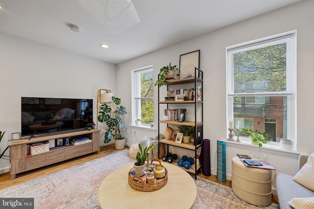 living area featuring wood finished floors, baseboards, and recessed lighting