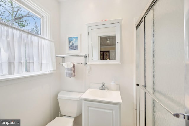 bathroom with vanity, toilet, and a shower with door