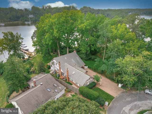 aerial view with a water view and a wooded view