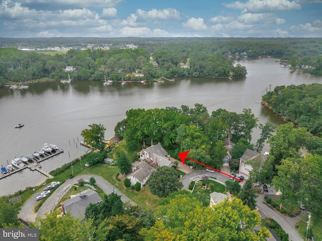 drone / aerial view featuring a water view