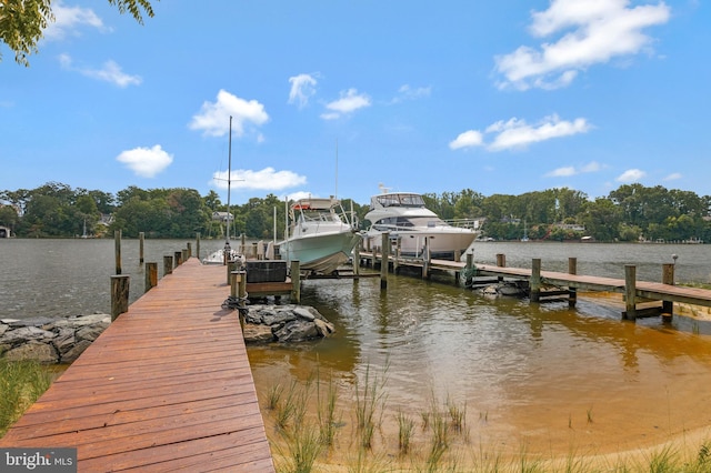 dock area with boat lift and a water view