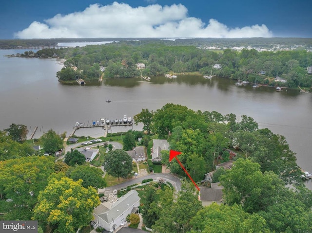 drone / aerial view featuring a water view