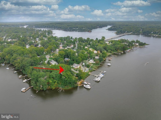 drone / aerial view featuring a wooded view and a water view