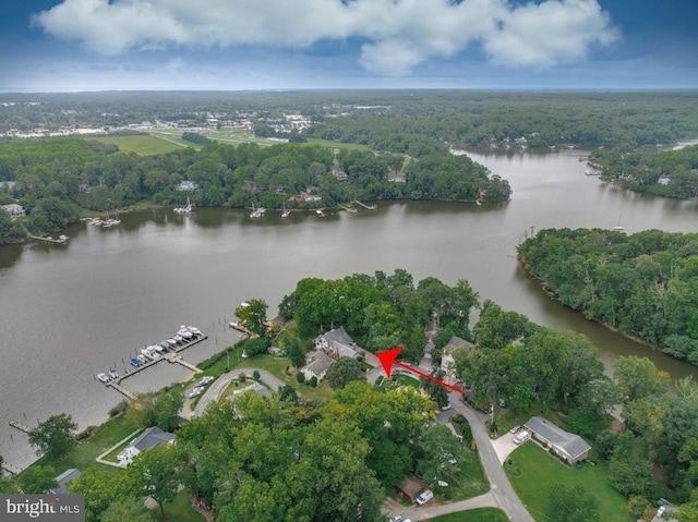 birds eye view of property with a view of trees and a water view