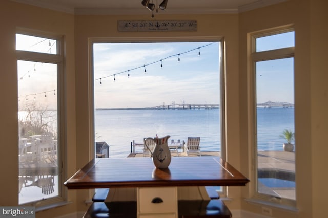 520 Bayside Dr, Stevensville, MD 21666 - dining space with ornamental molding and a water view