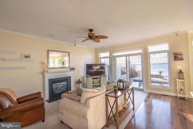 520 Bayside Dr, Stevensville, MD 21666 - living area featuring a fireplace with flush hearth, ceiling fan, ornamental molding, and wood-type flooring