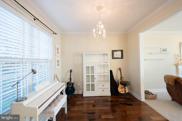 520 Bayside Dr, Stevensville, MD 21666 - sitting room with baseboards, a notable chandelier, crown molding, and dark wood-style floors