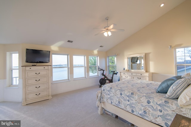 520 Bayside Dr, Stevensville, MD 21666 - bedroom featuring light colored carpet, a ceiling fan, wainscoting, and visible vents