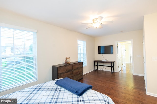 520 Bayside Dr, Stevensville, MD 21666 - bedroom with ceiling fan, baseboards, and dark wood-style flooring