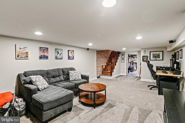 268 S E Ave, Baltimore, MD 21224 - carpeted living area with recessed lighting, an office area, and stairway