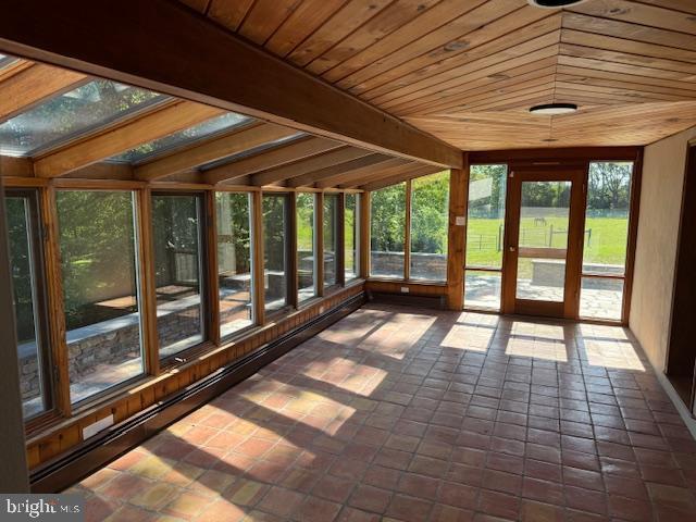 639 Old Airport Rd, Douglassville, PA 19518 - unfurnished sunroom with wood ceiling and vaulted ceiling