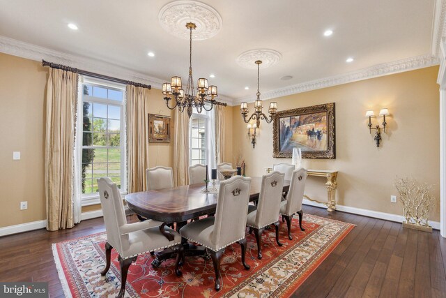 dining area with baseboards, a notable chandelier, ornamental molding, and dark wood-type flooring