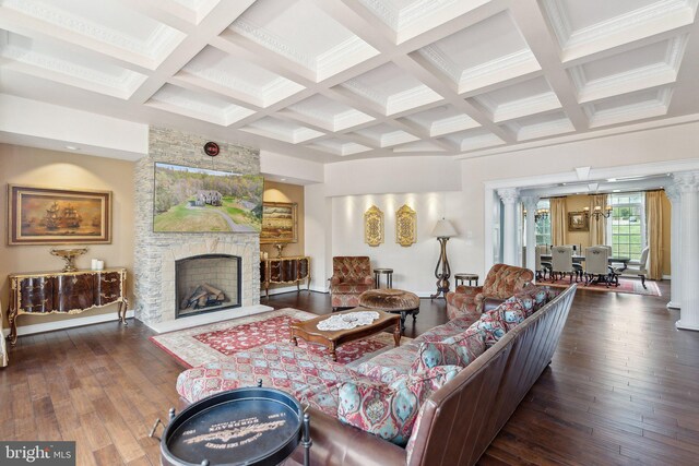 living area with a fireplace, decorative columns, beamed ceiling, hardwood / wood-style flooring, and coffered ceiling