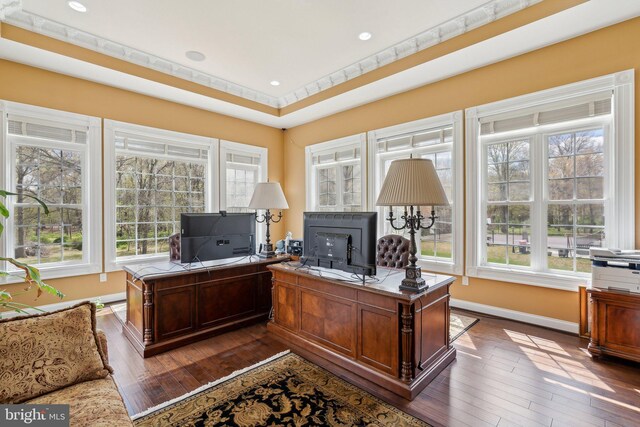 home office with baseboards, dark wood finished floors, and a healthy amount of sunlight