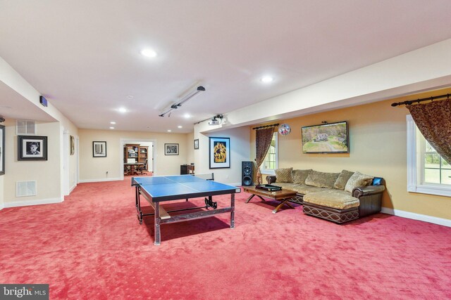 rec room with baseboards, carpet, recessed lighting, and visible vents
