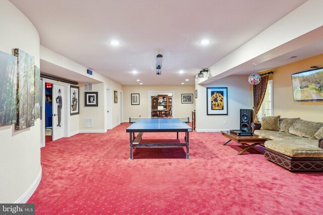 rec room featuring recessed lighting, carpet, baseboards, and visible vents
