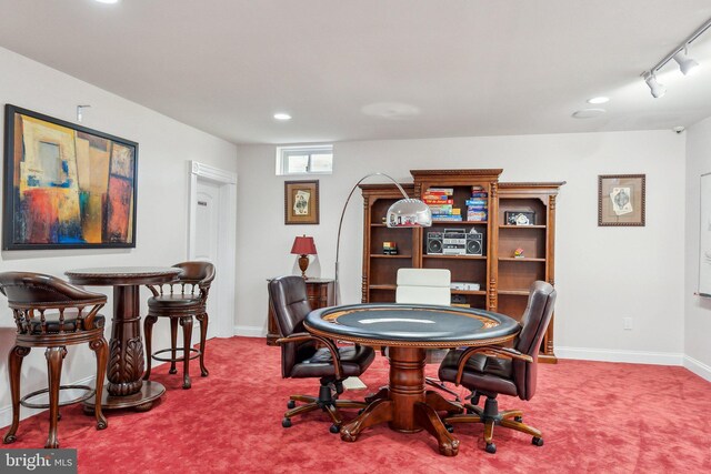 rec room with baseboards, carpet, and recessed lighting