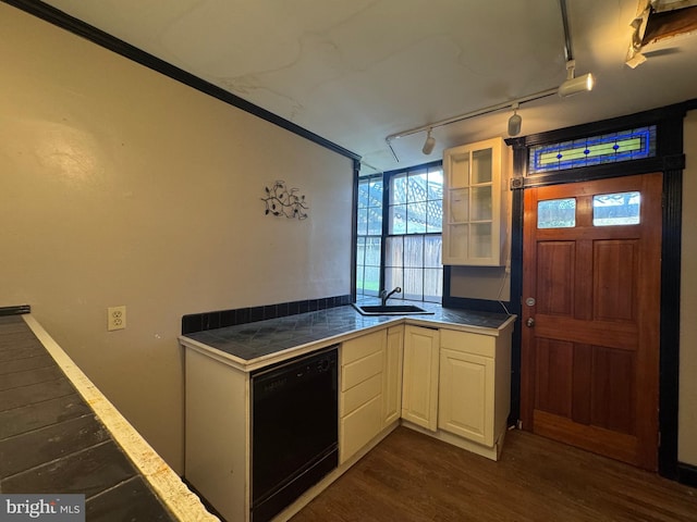 kitchen with a sink, glass insert cabinets, dark wood-style floors, rail lighting, and dishwasher