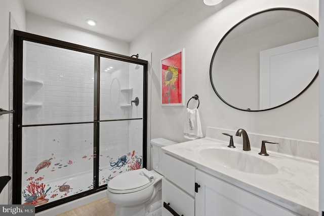 full bathroom with vanity, toilet, and a shower stall