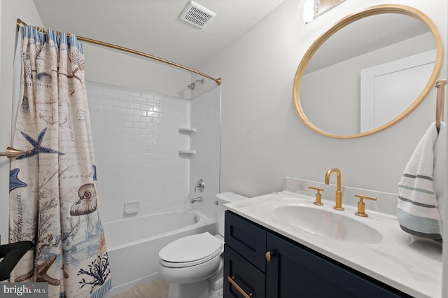 bathroom with toilet, vanity, visible vents, and shower / bath combination with curtain