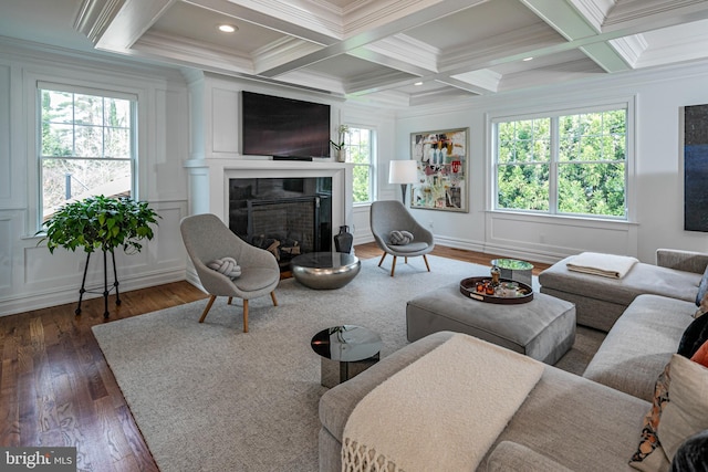 528 Prospect Ave, Princeton, NJ 08540 - living room with coffered ceiling, a decorative wall, ornamental molding, and dark wood finished floors