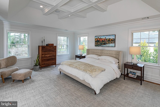 528 Prospect Ave, Princeton, NJ 08540 - carpeted bedroom with crown molding, beamed ceiling, visible vents, recessed lighting, and coffered ceiling