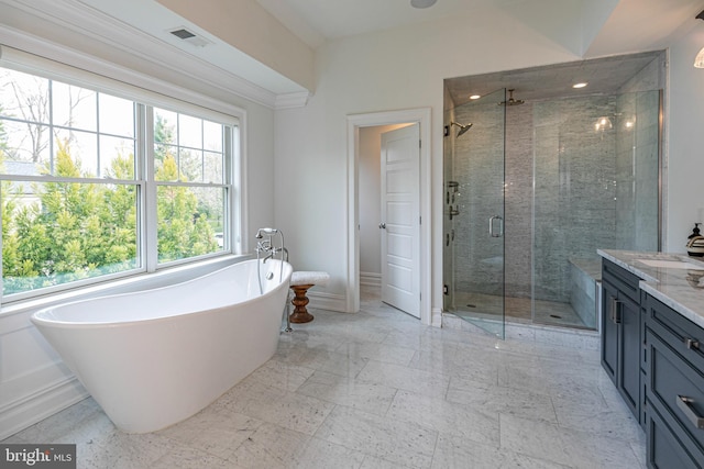 528 Prospect Ave, Princeton, NJ 08540 - bathroom with a soaking tub, vanity, visible vents, a stall shower, and baseboards
