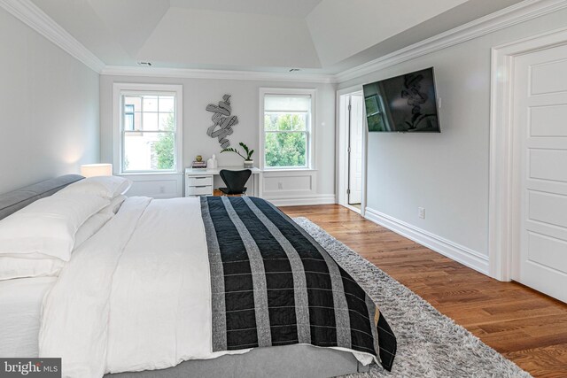 528 Prospect Ave, Princeton, NJ 08540 - bedroom with crown molding, a tray ceiling, visible vents, wood finished floors, and baseboards