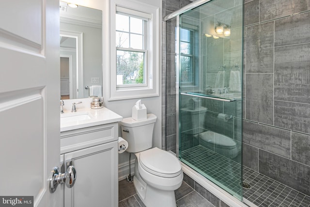 528 Prospect Ave, Princeton, NJ 08540 - bathroom featuring toilet, a stall shower, vanity, and tile patterned flooring
