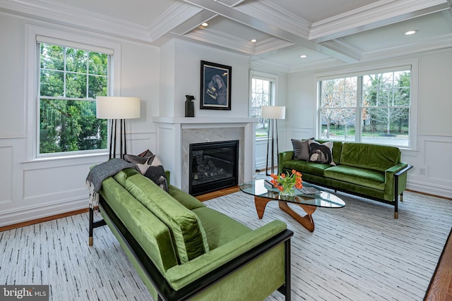 528 Prospect Ave, Princeton, NJ 08540 - living room with a decorative wall, beam ceiling, wood finished floors, and a fireplace