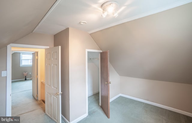 additional living space featuring light carpet, baseboards, and vaulted ceiling