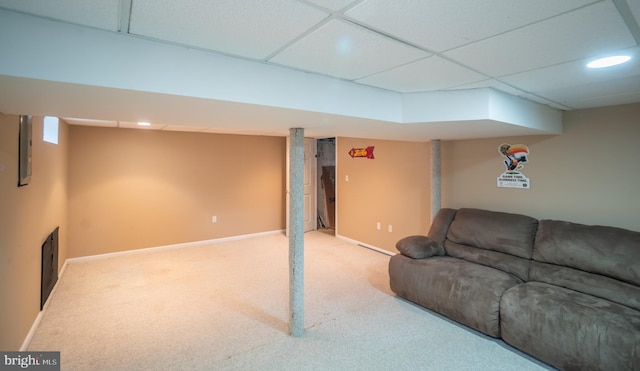 living area featuring baseboards, recessed lighting, a paneled ceiling, and carpet