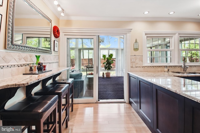 doorway to outside with light wood-style floors, a healthy amount of sunlight, ornamental molding, and a sink